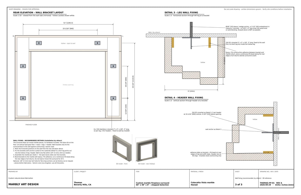 Shop drawing sheet 3 — wall fixing and 3D reference