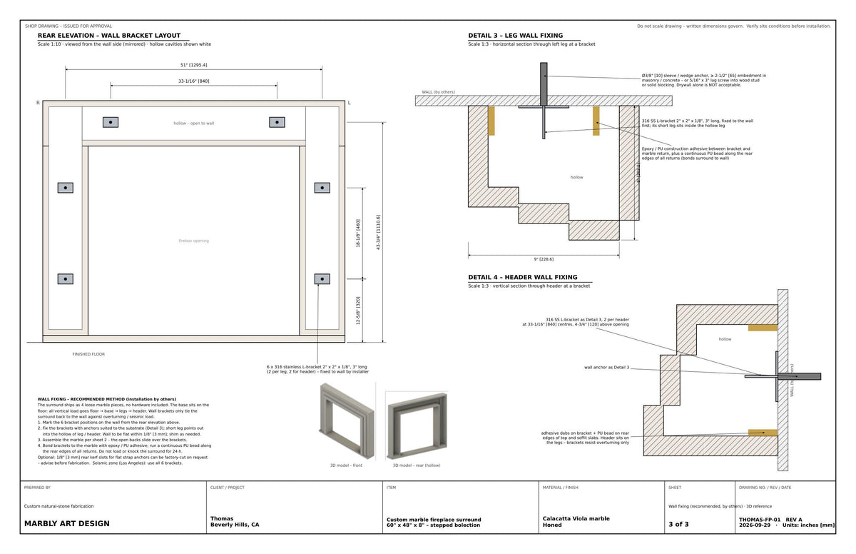 Shop drawing sheet 3 — wall fixing and 3D reference