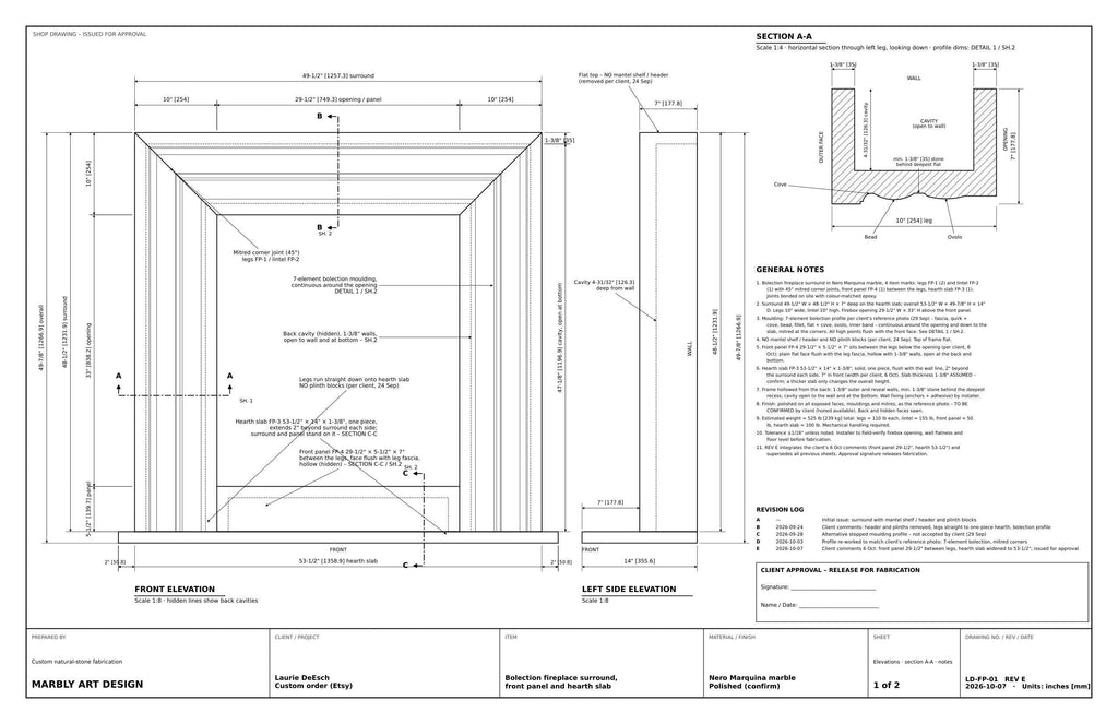 Shop drawing LD-FP-01 Rev E sheet 1 — elevations, section A-A