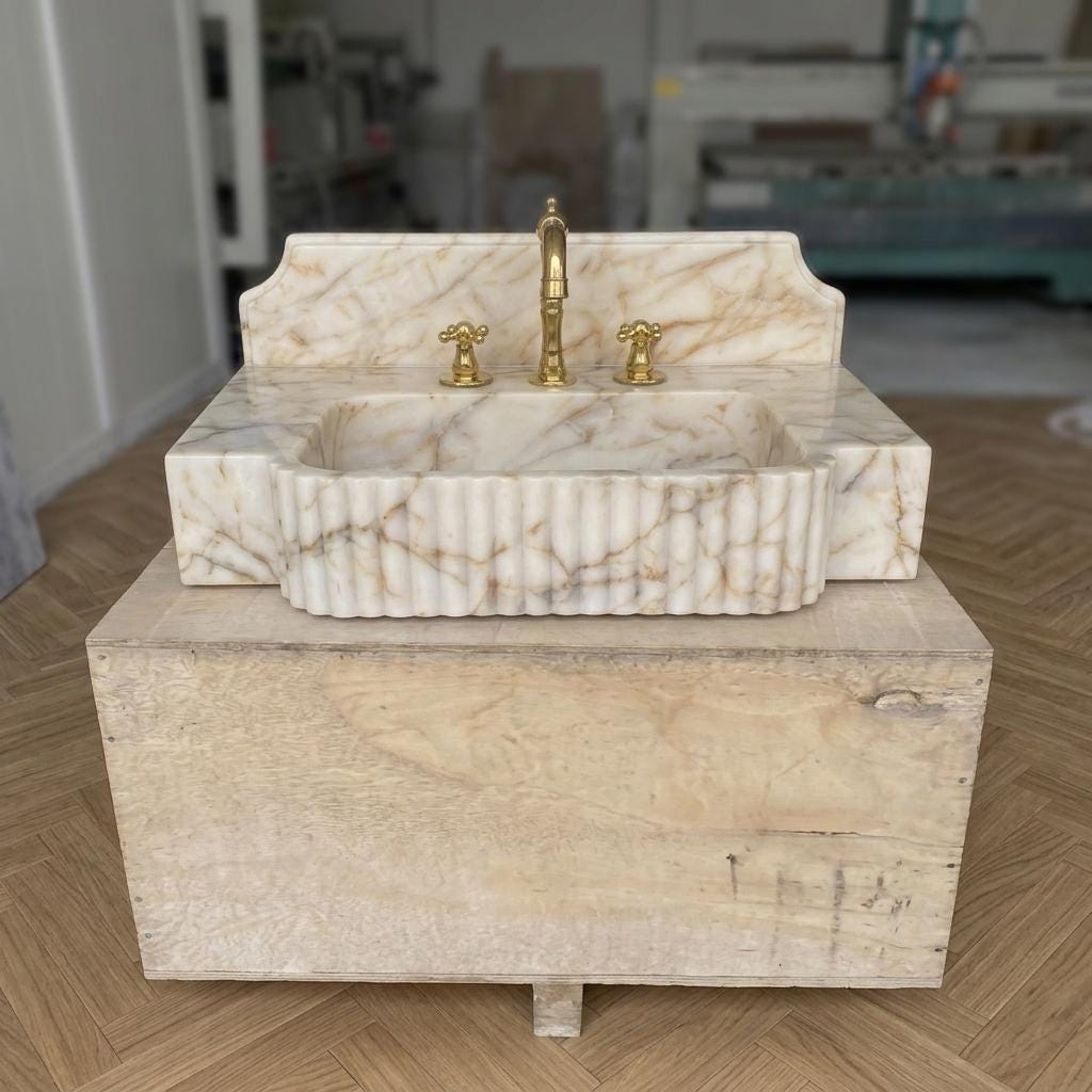 Gold Veined Marble Bathroom Sink with Counter — Calacatta Gold Stone Basin, Custom Sizes — Front view