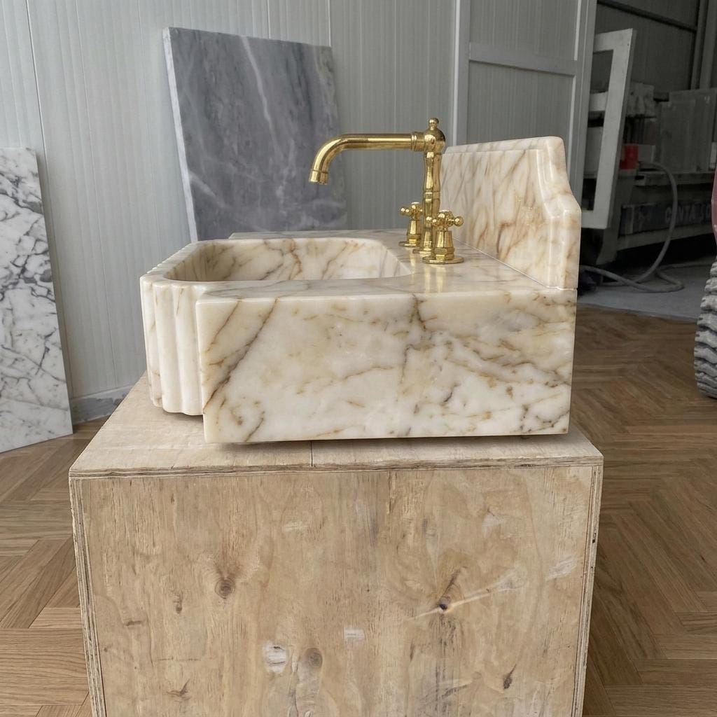 Gold Veined Marble Bathroom Sink with Counter — Calacatta Gold Stone Basin, Custom Sizes — Left side view