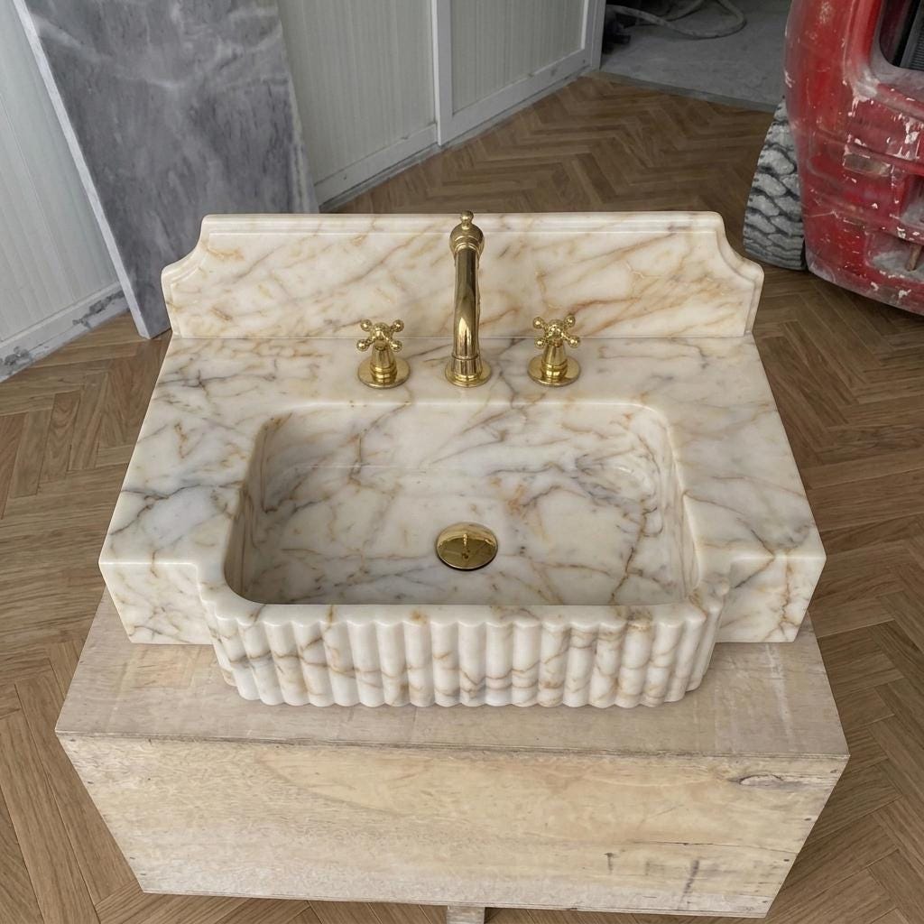 Gold Veined Marble Bathroom Sink with Counter — Calacatta Gold Stone Basin, Custom Sizes — High angle front view  45 degrees