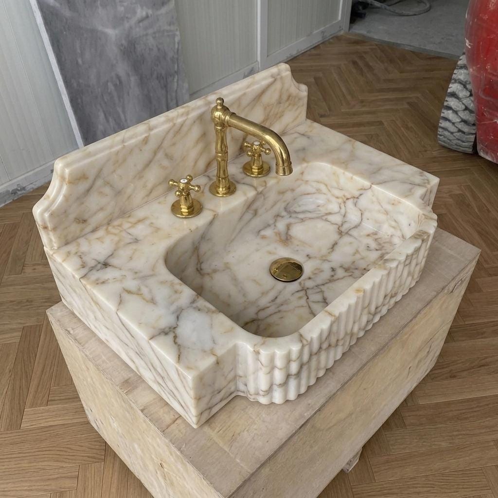 Gold Veined Marble Bathroom Sink with Counter — Calacatta Gold Stone Basin, Custom Sizes — High angle side view  45 degrees