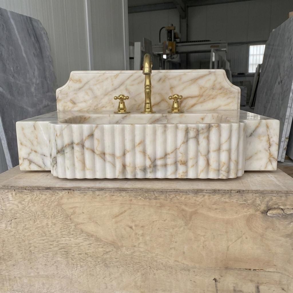 Gold Veined Marble Bathroom Sink with Counter — Calacatta Gold Stone Basin, Custom Sizes — Low angle front view