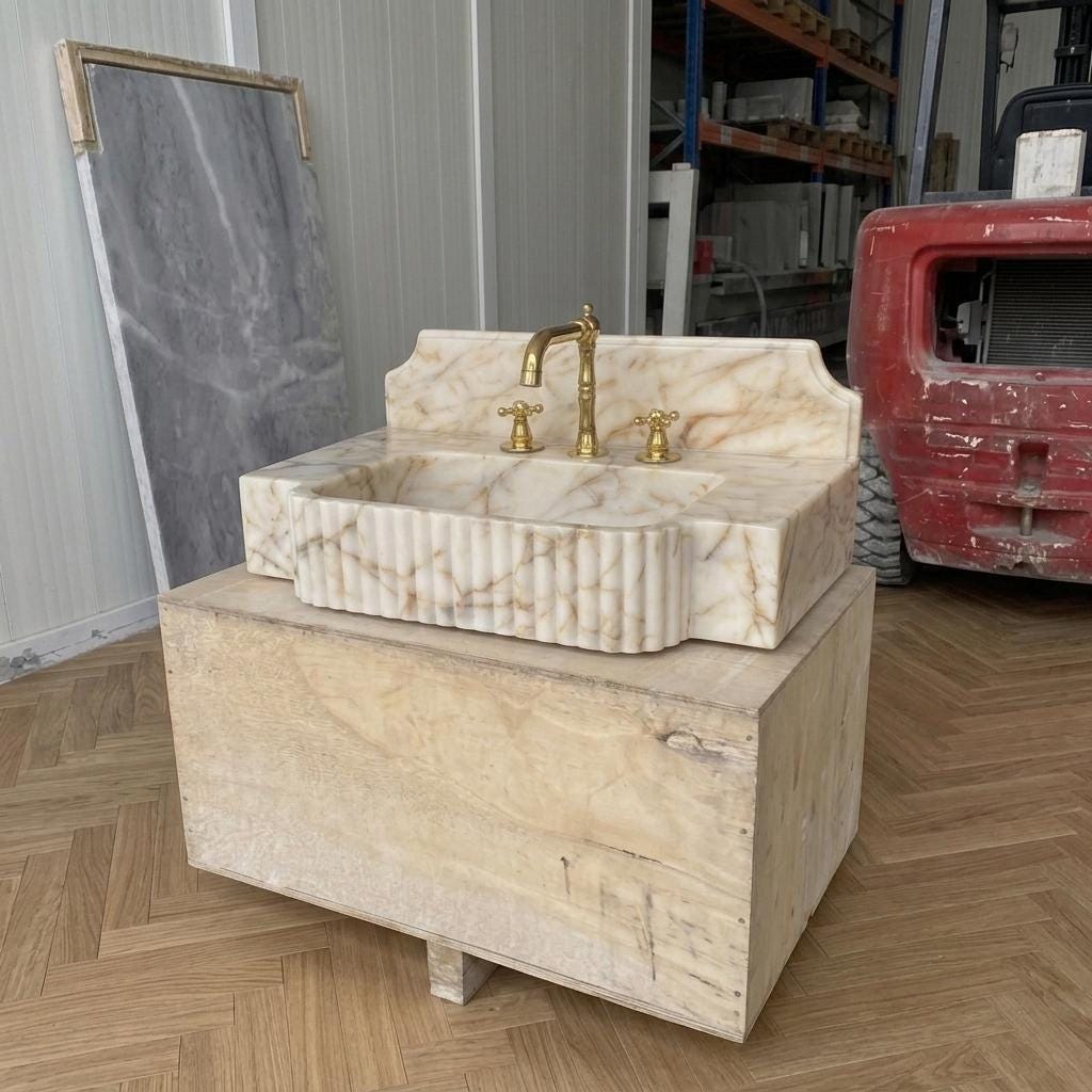 Gold Veined Marble Bathroom Sink with Counter — Calacatta Gold Stone Basin, Custom Sizes — Wide shot showing the full object