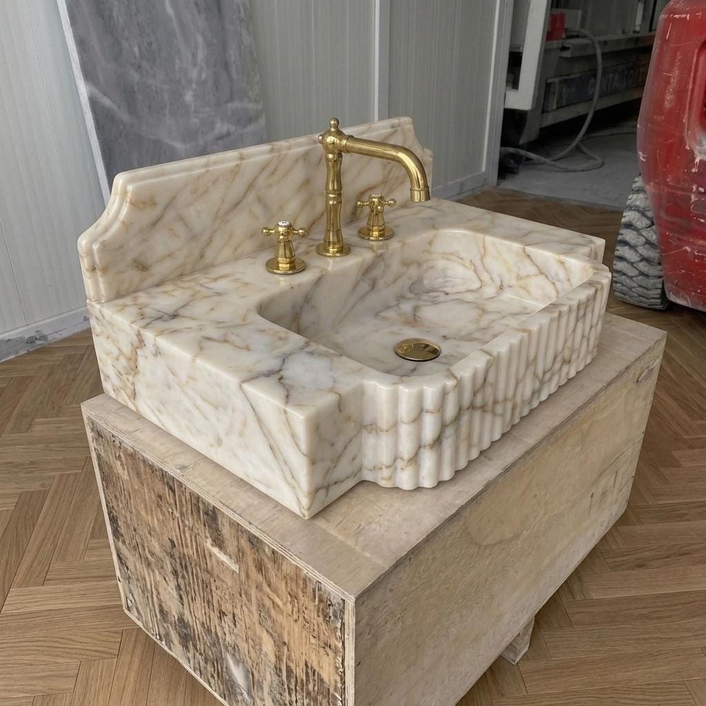 Gold Veined Marble Bathroom Sink with Counter — Calacatta Gold Stone Basin, Custom Sizes — Three quarter view from front right