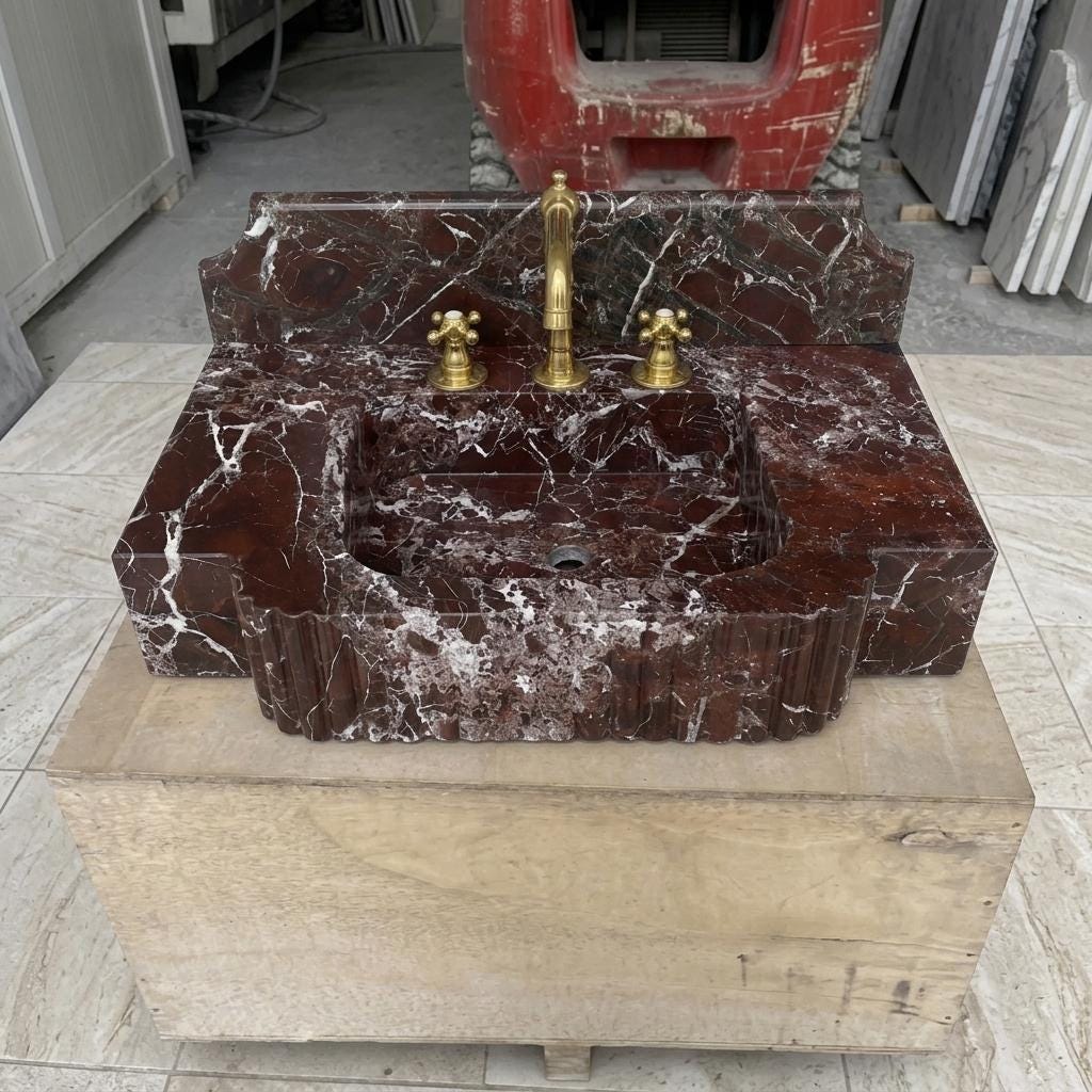 Red Marble Bathroom Sink with Counter — Rosso Levanto Stone Basin, Custom Sizes — High angle front view  45 degrees