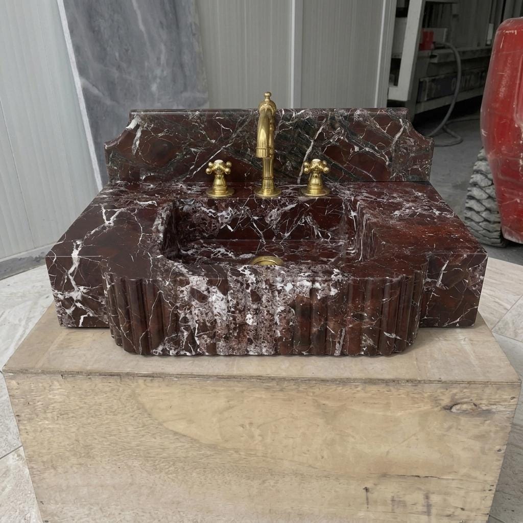 Red Marble Bathroom Sink with Counter — Rosso Levanto Stone Basin, Custom Sizes — Low angle front view