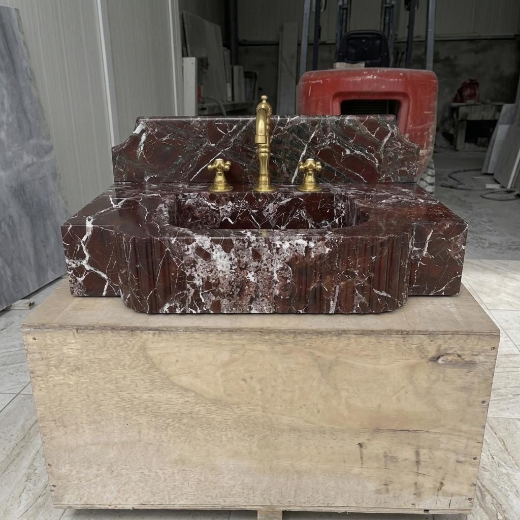 Red Marble Bathroom Sink with Counter — Rosso Levanto Stone Basin, Custom Sizes — Eye level view straight on