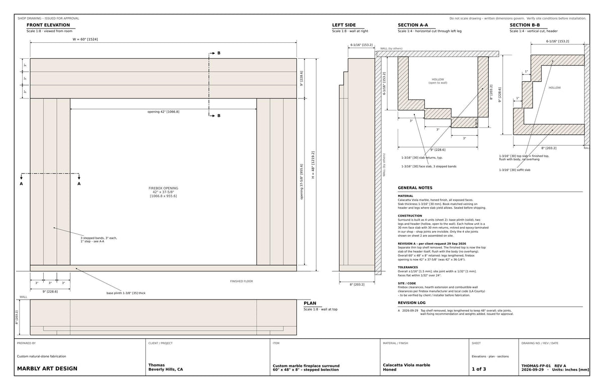 Shop drawing THOMAS-FP-01 Rev A — elevations, plan, sections