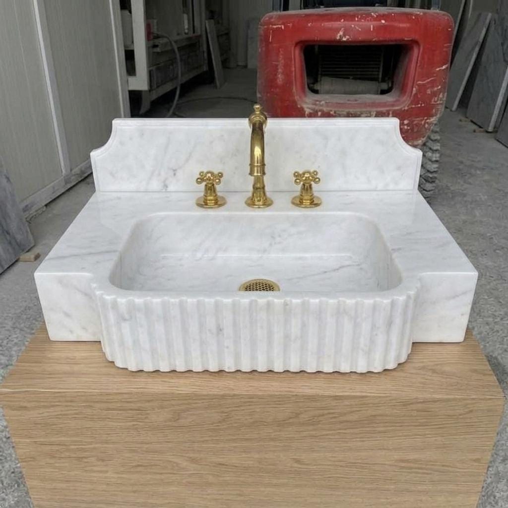 Fluted Marble Sink With Backsplash, Carrara White, Counter Top Basin, Made to Order — Front view