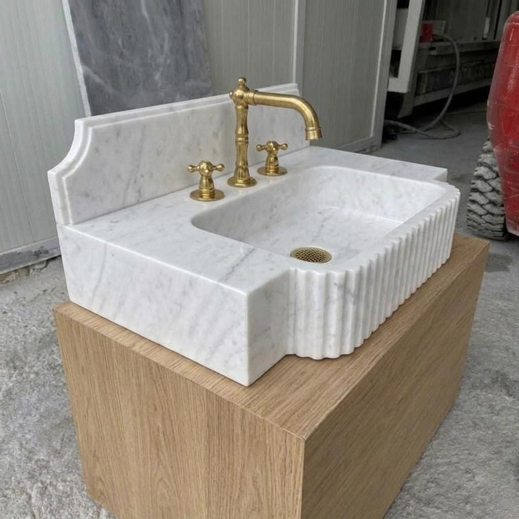 Fluted Marble Sink With Backsplash, Carrara White, Counter Top Basin, Made to Order — Right side view