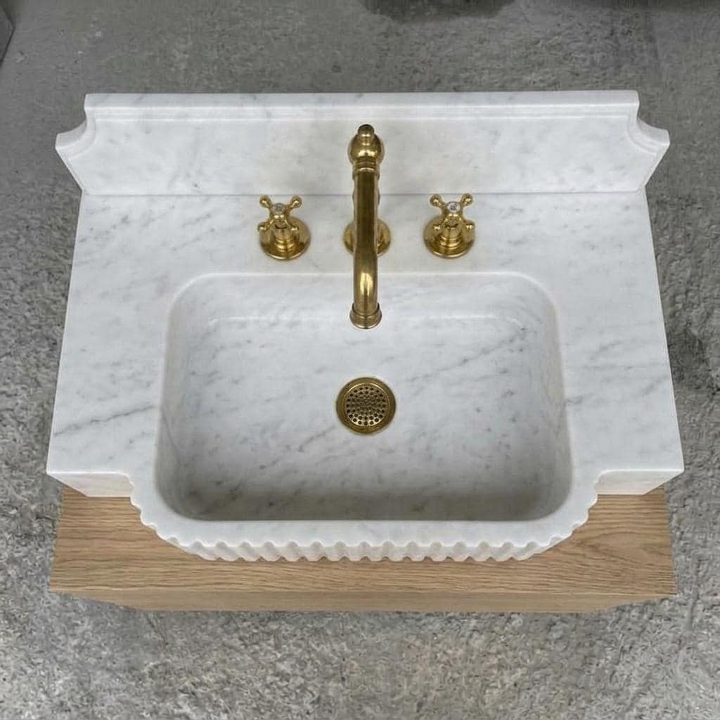 Fluted Marble Sink With Backsplash, Carrara White, Counter Top Basin, Made to Order — Top down view