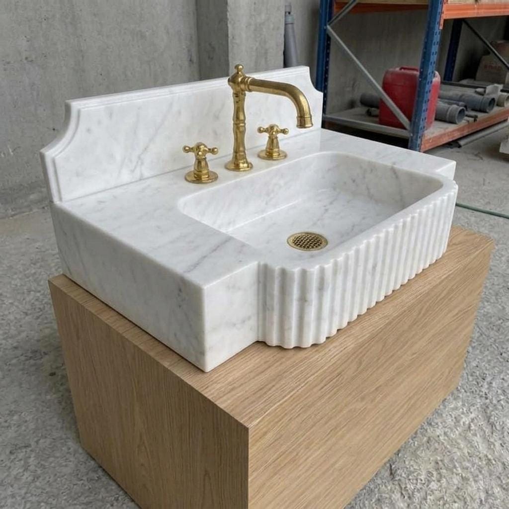 Fluted Marble Sink With Backsplash, Carrara White, Counter Top Basin, Made to Order — Isometric view from front left