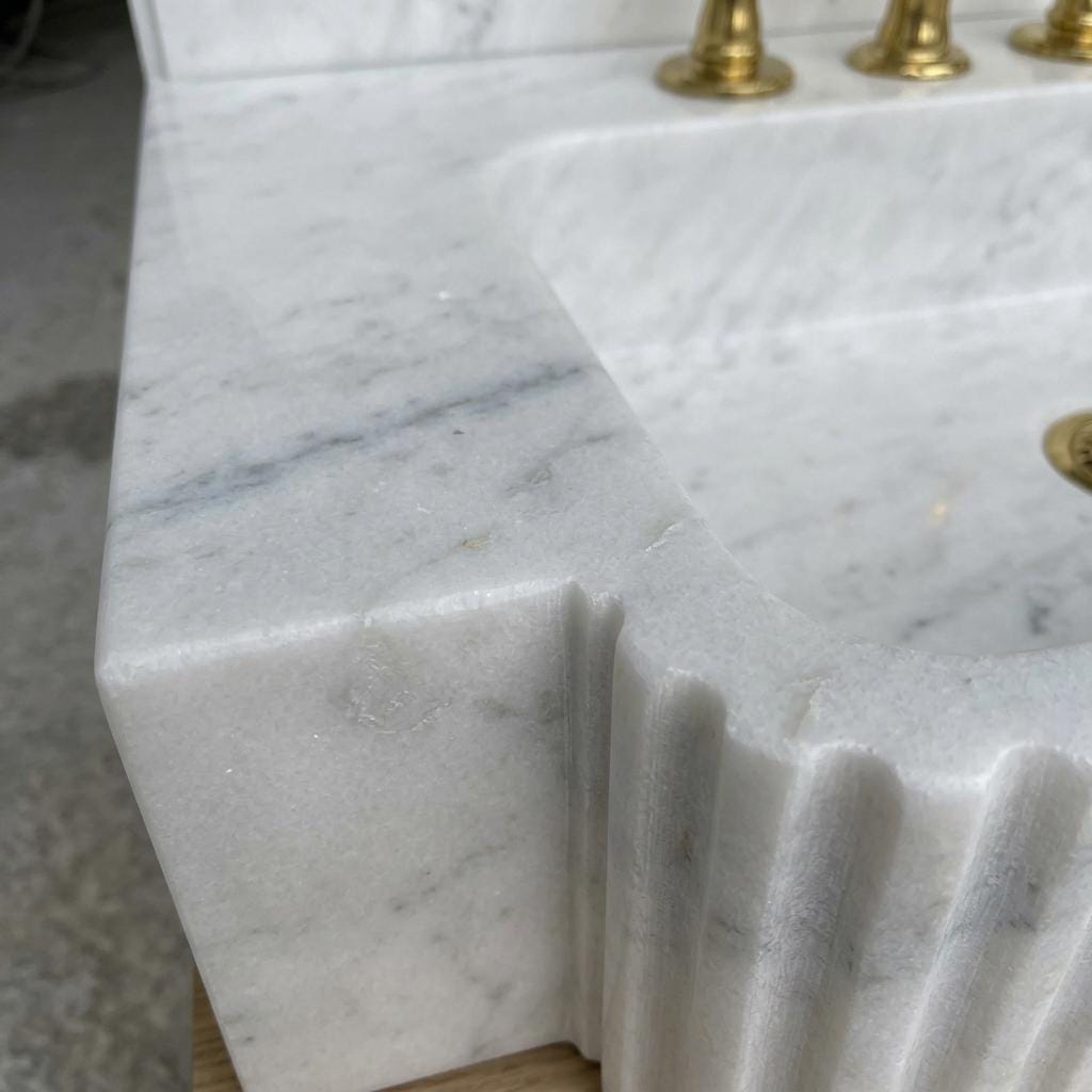 Fluted Marble Sink With Backsplash, Carrara White, Counter Top Basin, Made to Order — Close up detail of the marble texture