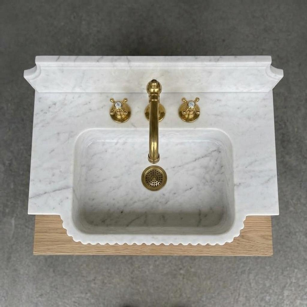 Fluted Marble Sink With Backsplash, Carrara White, Counter Top Basin, Made to Order — Bird s eye view looking down