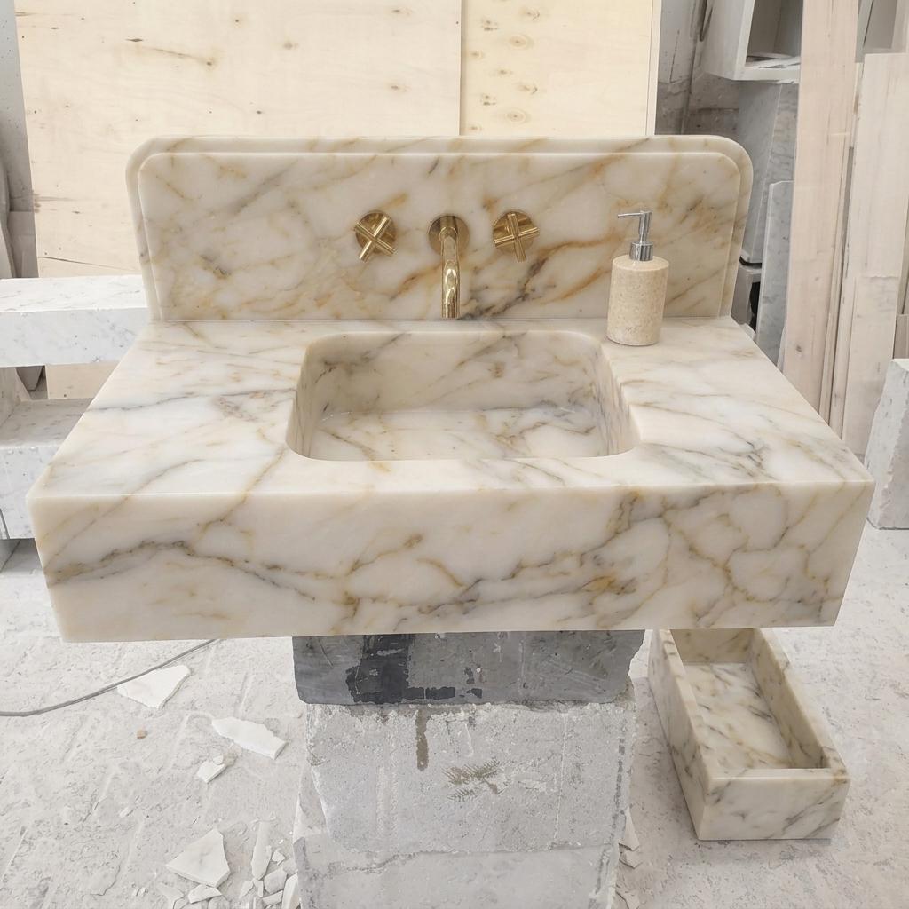 Integrated Counter Marble Sink — Calacatta Gold, Custom Carved with Backsplash Option — Front view