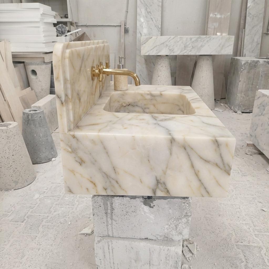 Integrated Counter Marble Sink — Calacatta Gold, Custom Carved with Backsplash Option — Right side view
