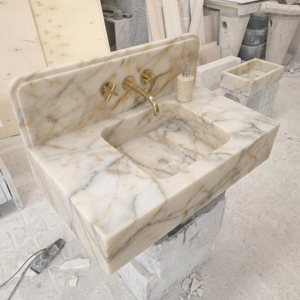 Integrated Counter Marble Sink — Calacatta Gold, Custom Carved with Backsplash Option — High angle front view  45 degrees