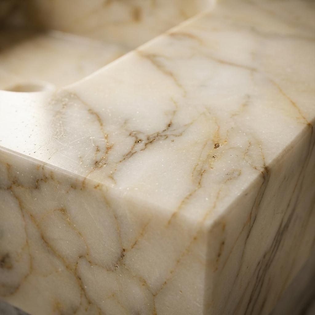 Integrated Counter Marble Sink — Calacatta Gold, Custom Carved with Backsplash Option — Close up detail of the marble texture