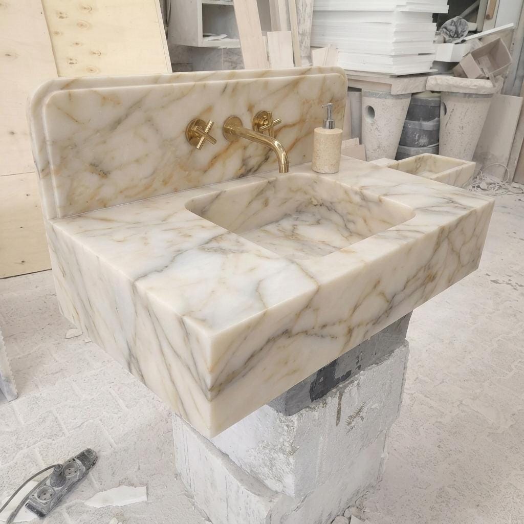 Integrated Counter Marble Sink — Calacatta Gold, Custom Carved with Backsplash Option — Three quarter view from front right