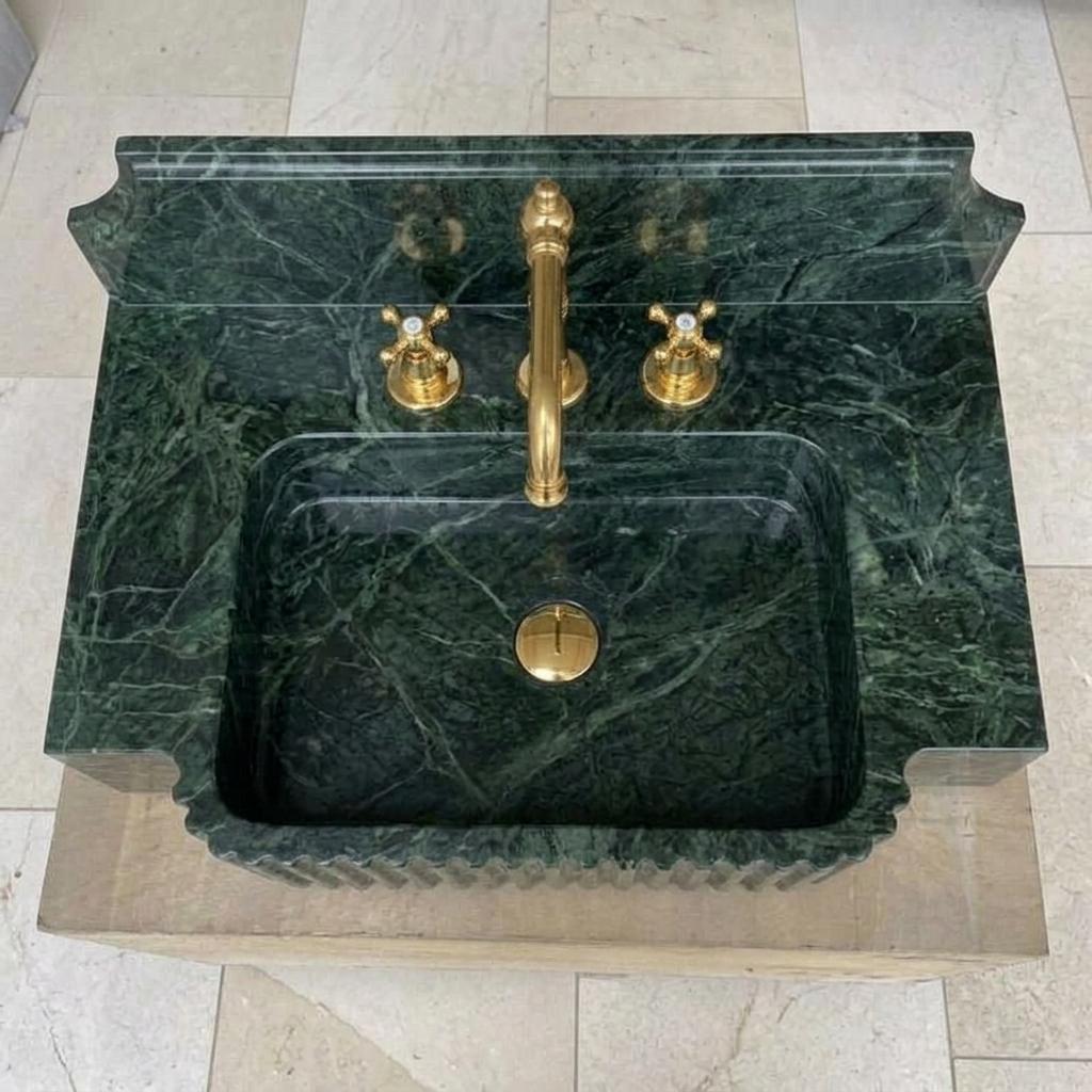 Fluted Apron Verde Marble Sink with Integrated Counter & Optional Backsplash, Artisan Made — Top down view