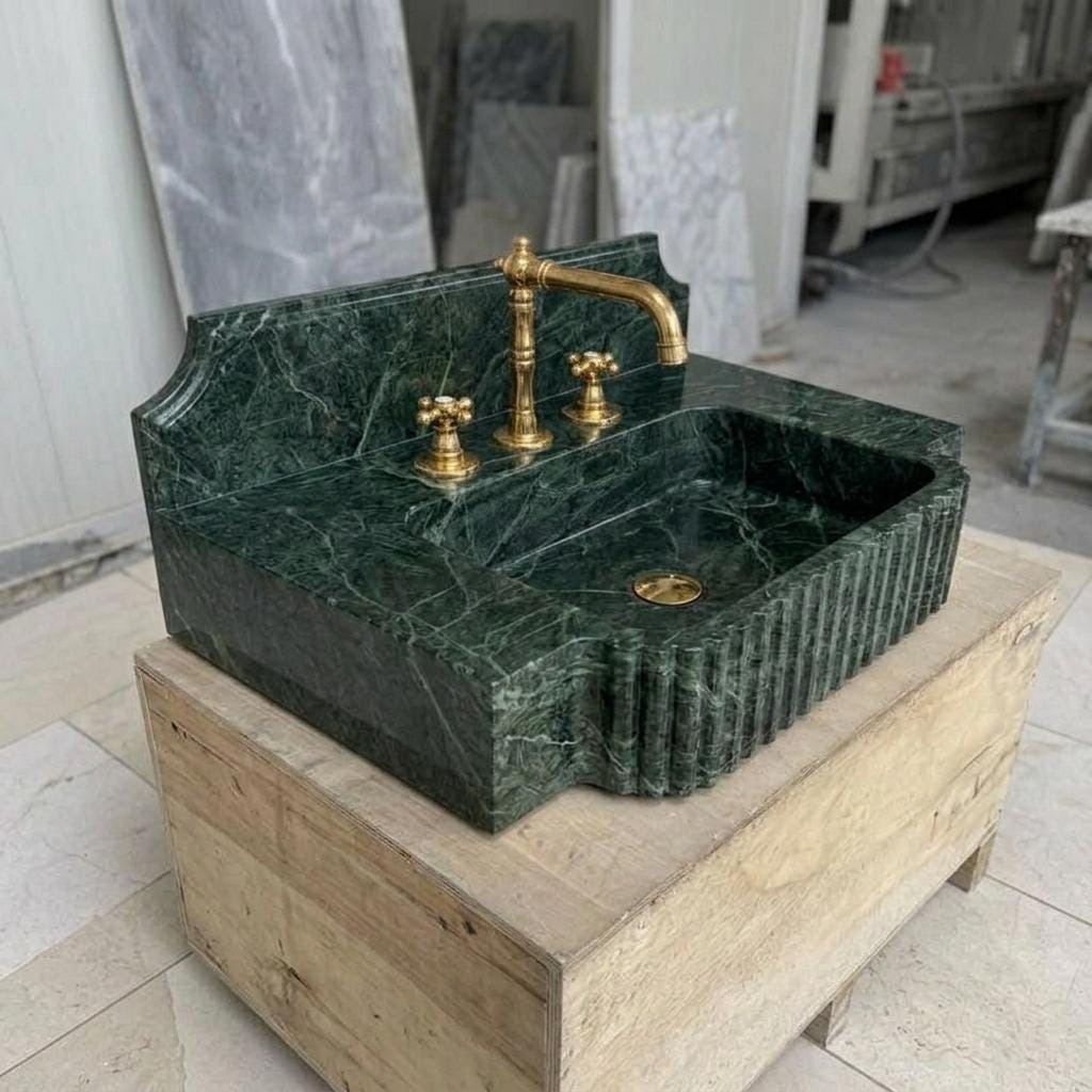 Fluted Apron Verde Marble Sink with Integrated Counter & Optional Backsplash, Artisan Made — Isometric view from front left