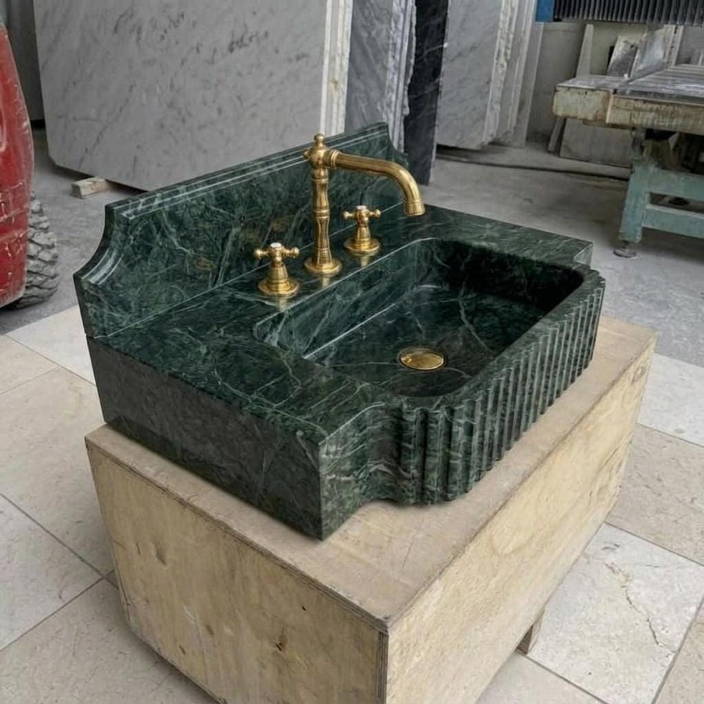 Fluted Apron Verde Marble Sink with Integrated Counter & Optional Backsplash, Artisan Made — High angle side view  45 degrees