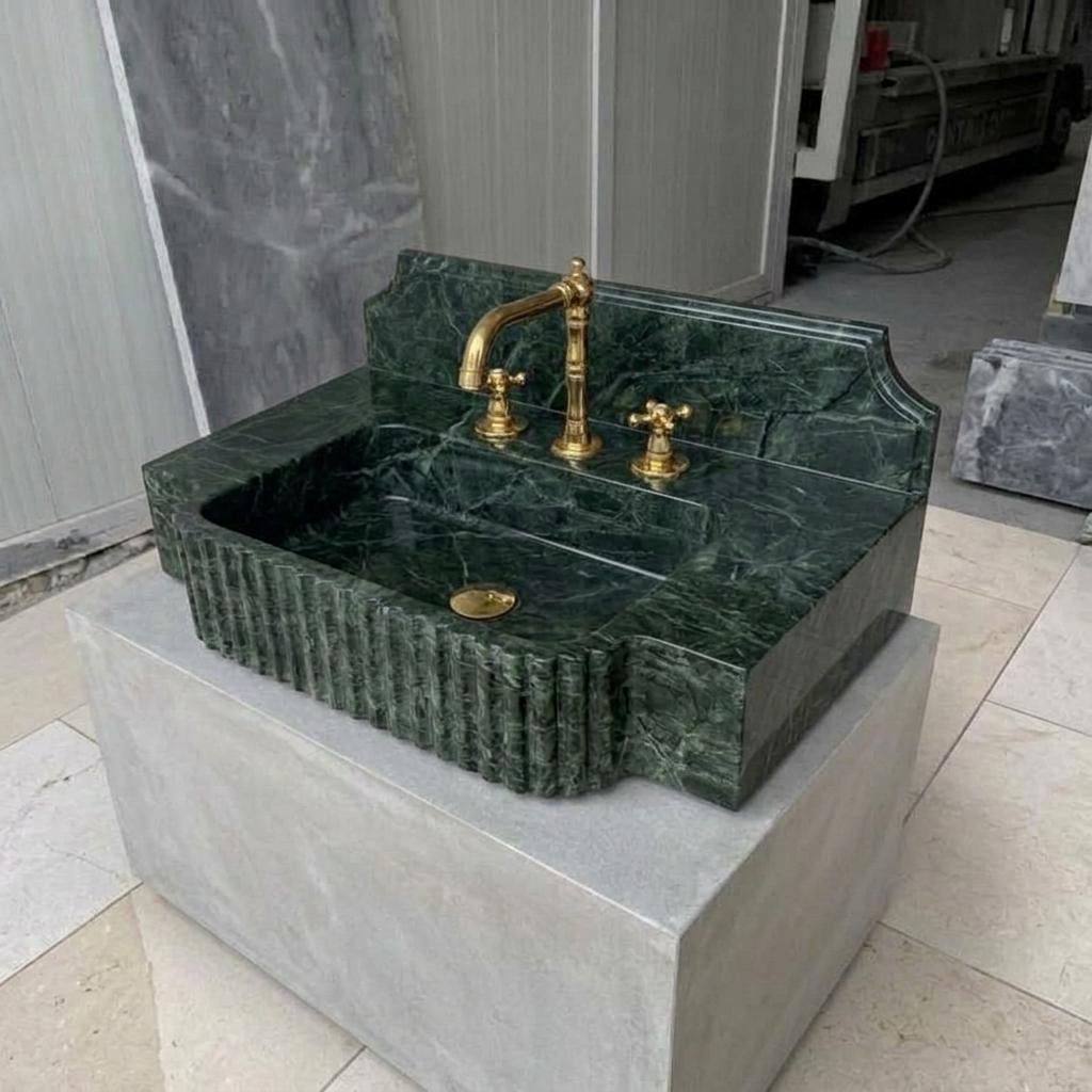 Fluted Apron Verde Marble Sink with Integrated Counter & Optional Backsplash, Artisan Made — Wide shot showing the full object