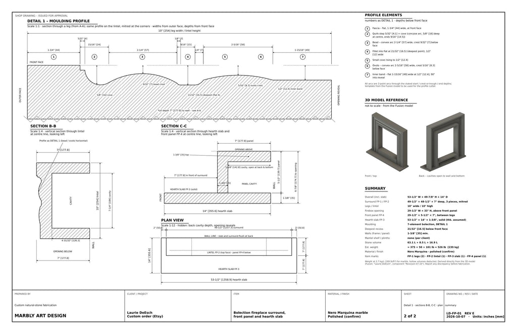 Shop drawing sheet 2 — moulding profile detail, sections, plan