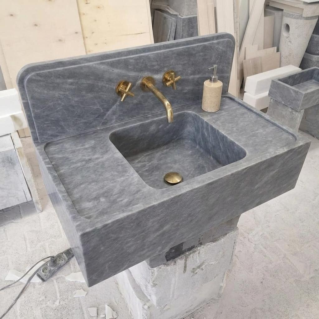 Integrated Counter Marble Sink with Backsplash | Thundra Gray | Hand Carved | Made to Orde — High angle front view  45 degrees