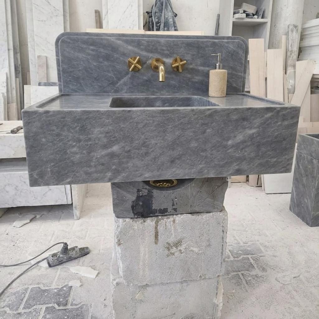 Integrated Counter Marble Sink with Backsplash | Thundra Gray | Hand Carved | Made to Orde — Low angle front view