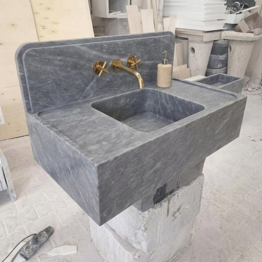 Integrated Counter Marble Sink with Backsplash | Thundra Gray | Hand Carved | Made to Orde — Three quarter view from front right