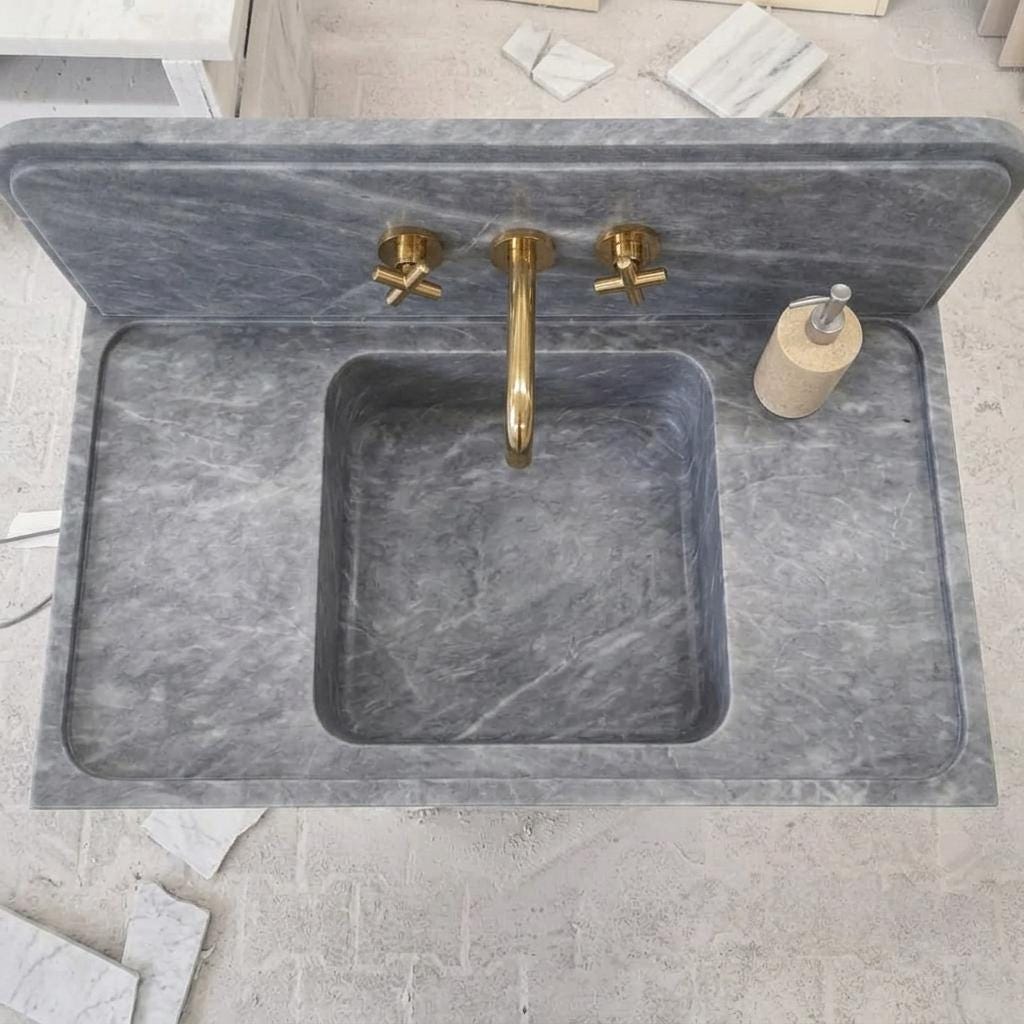 Integrated Counter Marble Sink with Backsplash | Thundra Gray | Hand Carved | Made to Orde — Bird s eye view looking down