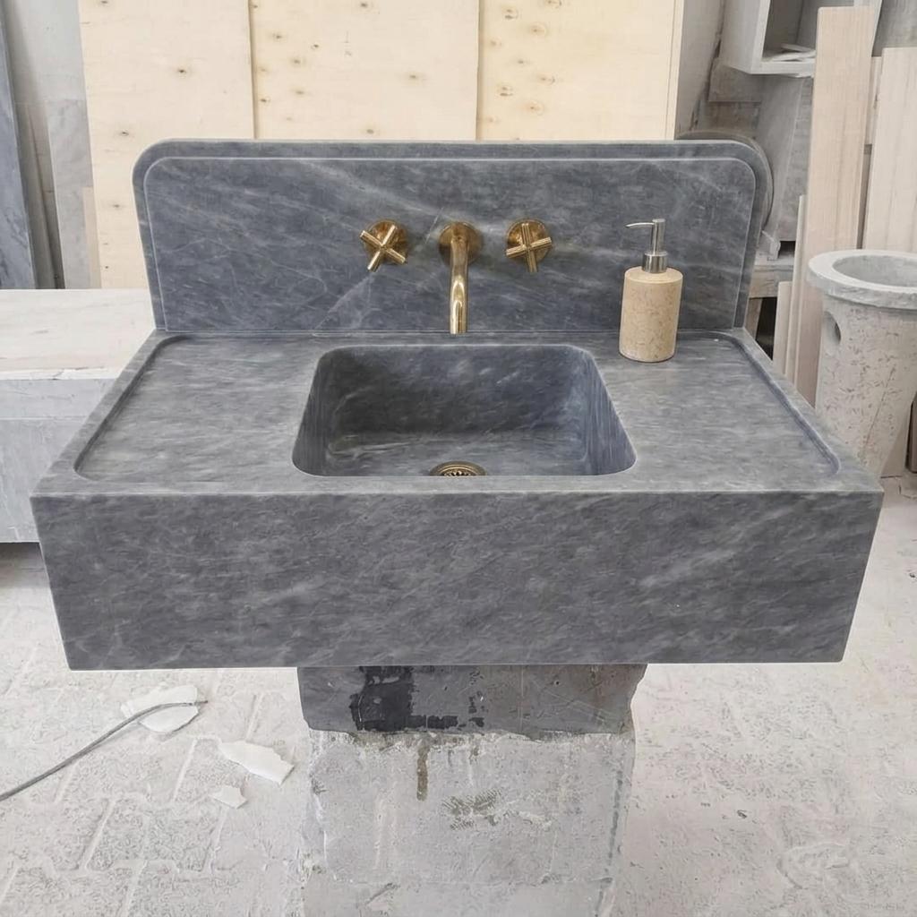 Integrated Counter Marble Sink with Backsplash | Thundra Gray | Hand Carved | Made to Orde — Eye level view straight on