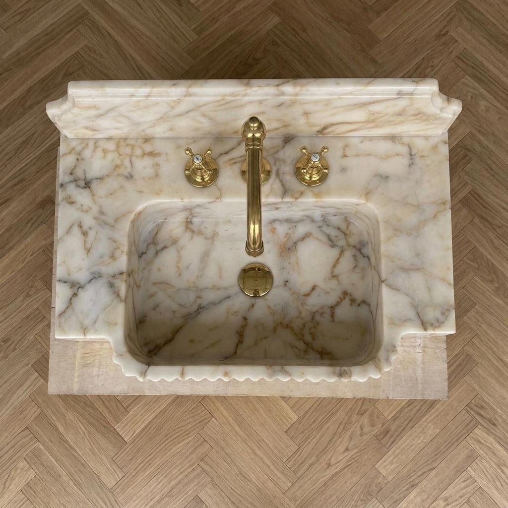 Gold Veined Marble Bathroom Sink with Counter — Calacatta Gold Stone Basin, Custom Sizes — Top down view