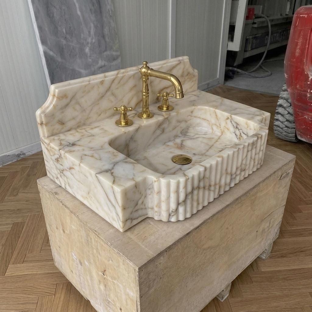 Gold Veined Marble Bathroom Sink with Counter — Calacatta Gold Stone Basin, Custom Sizes — Isometric view from front left