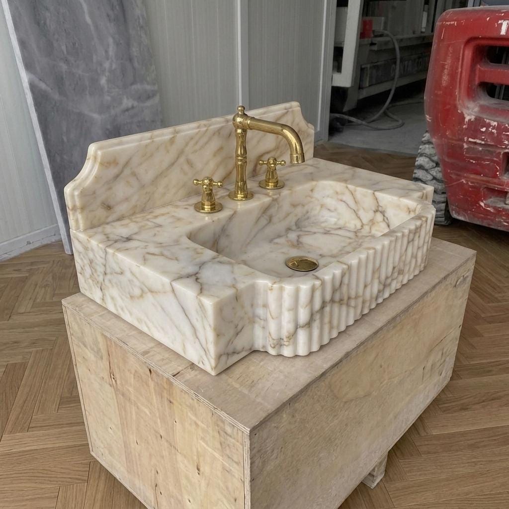 Gold Veined Marble Bathroom Sink with Counter — Calacatta Gold Stone Basin, Custom Sizes — Isometric view from front right