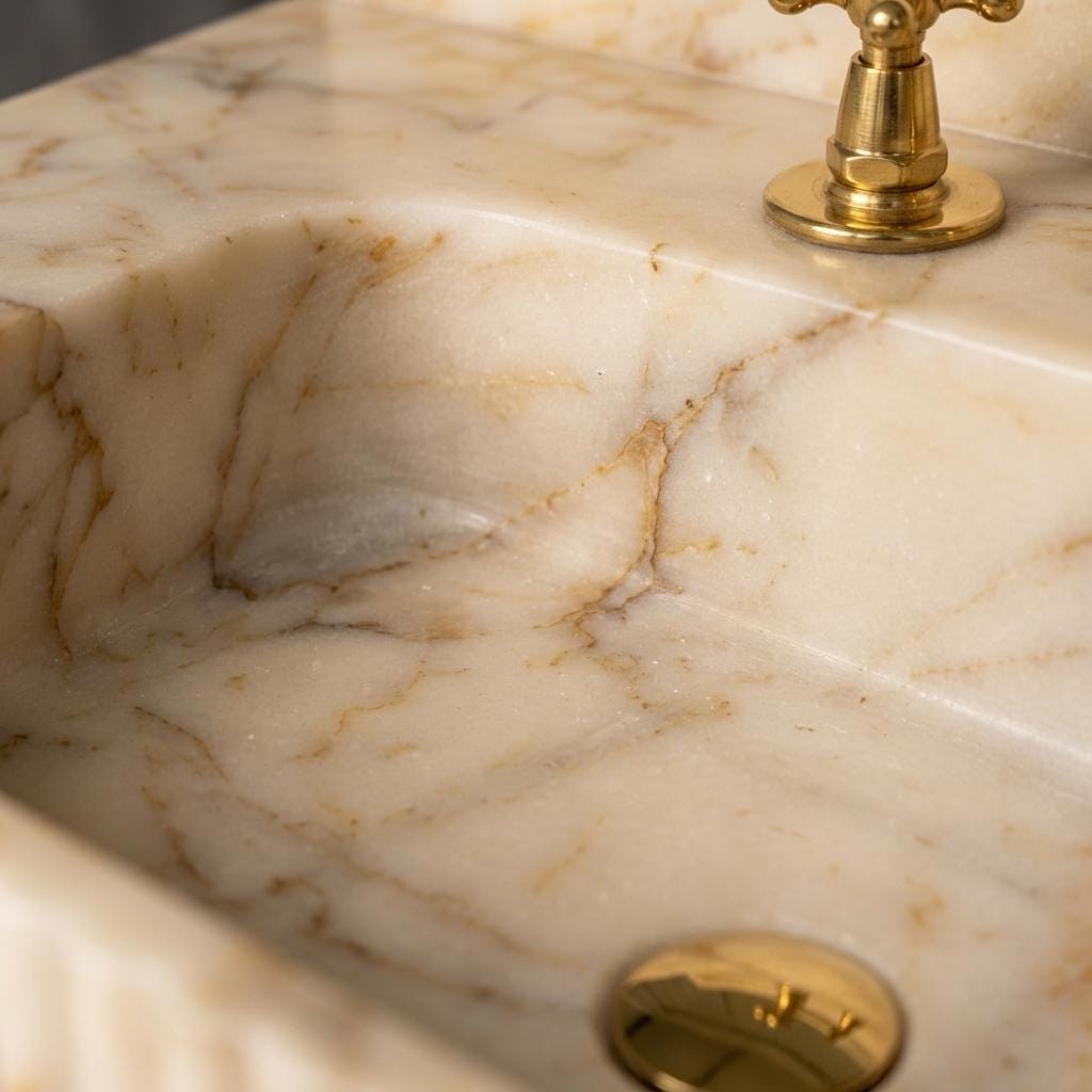 Gold Veined Marble Bathroom Sink with Counter — Calacatta Gold Stone Basin, Custom Sizes — Close up detail of the marble texture