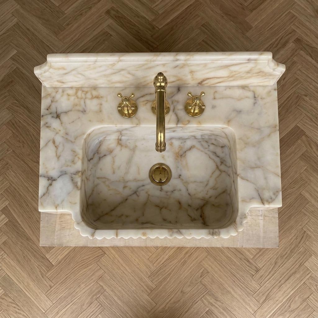 Gold Veined Marble Bathroom Sink with Counter — Calacatta Gold Stone Basin, Custom Sizes — Bird s eye view looking down