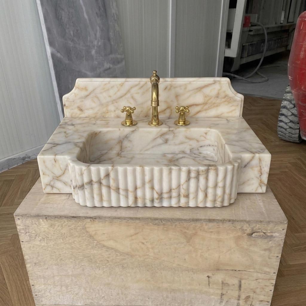 Gold Veined Marble Bathroom Sink with Counter — Calacatta Gold Stone Basin, Custom Sizes — Eye level view straight on