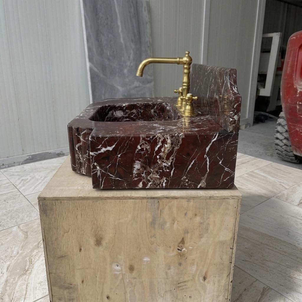 Red Marble Bathroom Sink with Counter — Rosso Levanto Stone Basin, Custom Sizes — Left side view