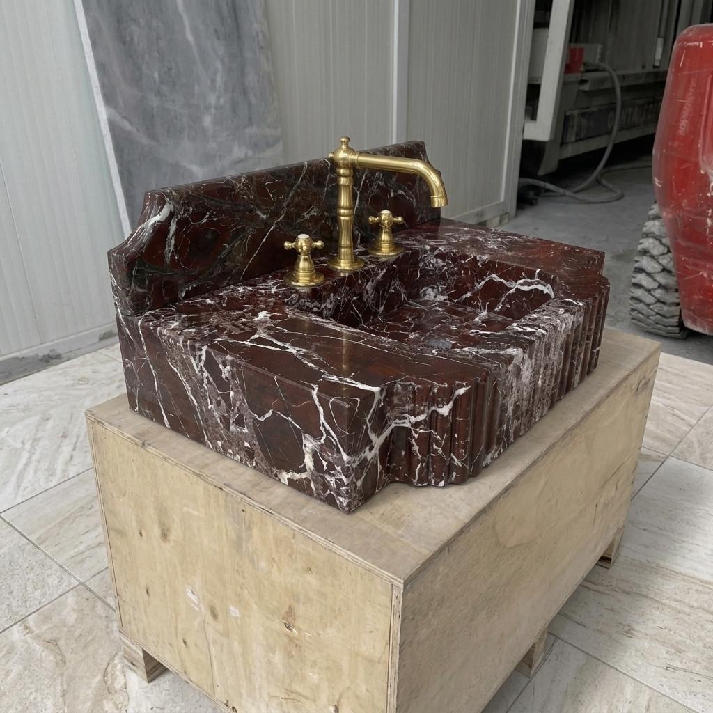 Red Marble Bathroom Sink with Counter — Rosso Levanto Stone Basin, Custom Sizes — Right side view
