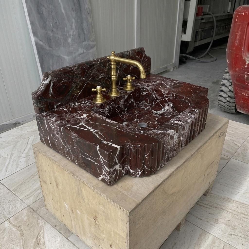 Red Marble Bathroom Sink with Counter — Rosso Levanto Stone Basin, Custom Sizes — High angle side view  45 degrees