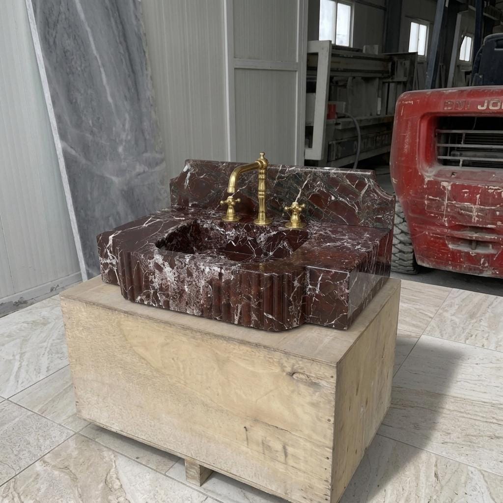 Red Marble Bathroom Sink with Counter — Rosso Levanto Stone Basin, Custom Sizes — Wide shot showing the full object