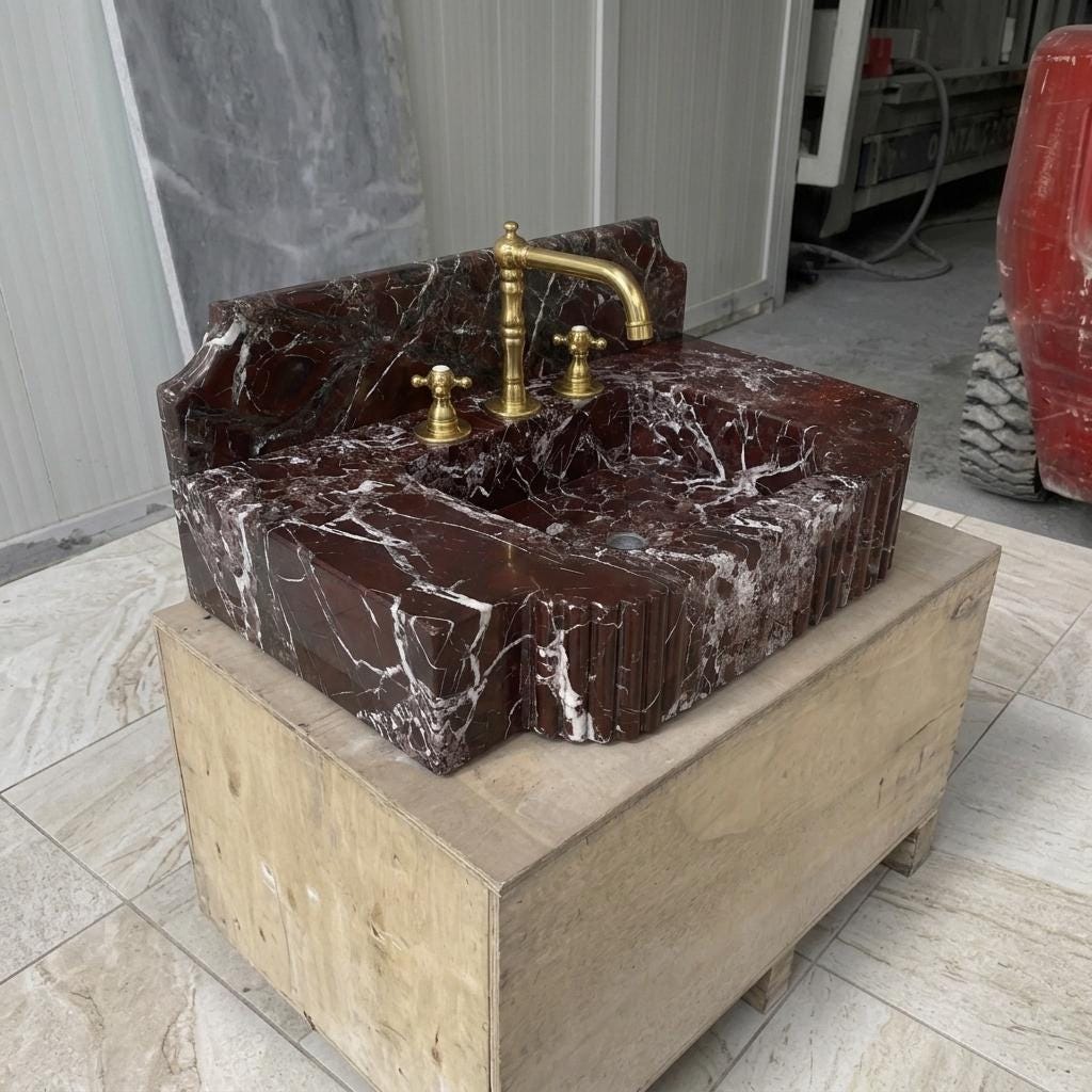 Red Marble Bathroom Sink with Counter — Rosso Levanto Stone Basin, Custom Sizes — Three quarter view from front right