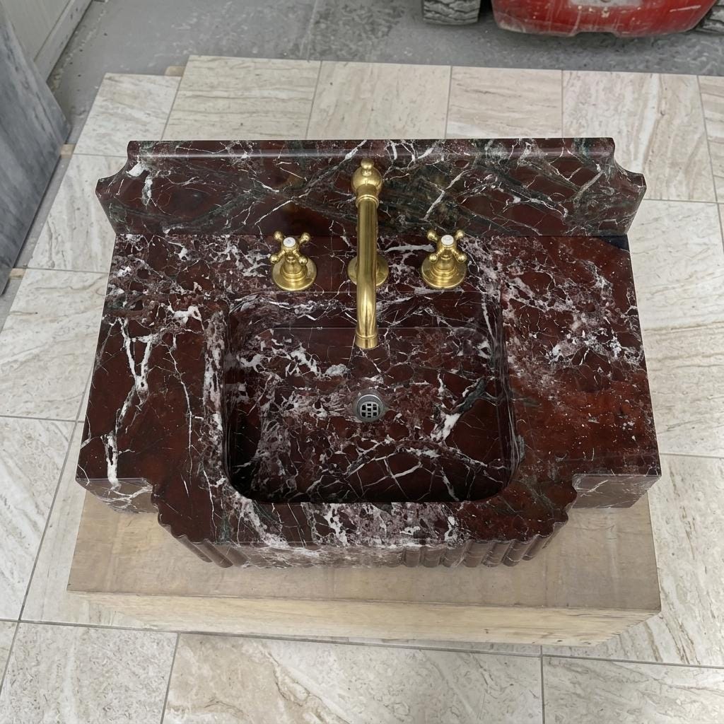 Red Marble Bathroom Sink with Counter — Rosso Levanto Stone Basin, Custom Sizes — Bird s eye view looking down