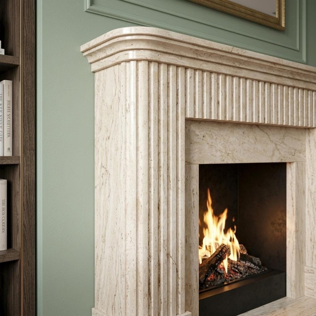 Living Room Fireplace Surround Beige Travertine Marble Mantel Fluted Hand Carved Custom St — Left side view
