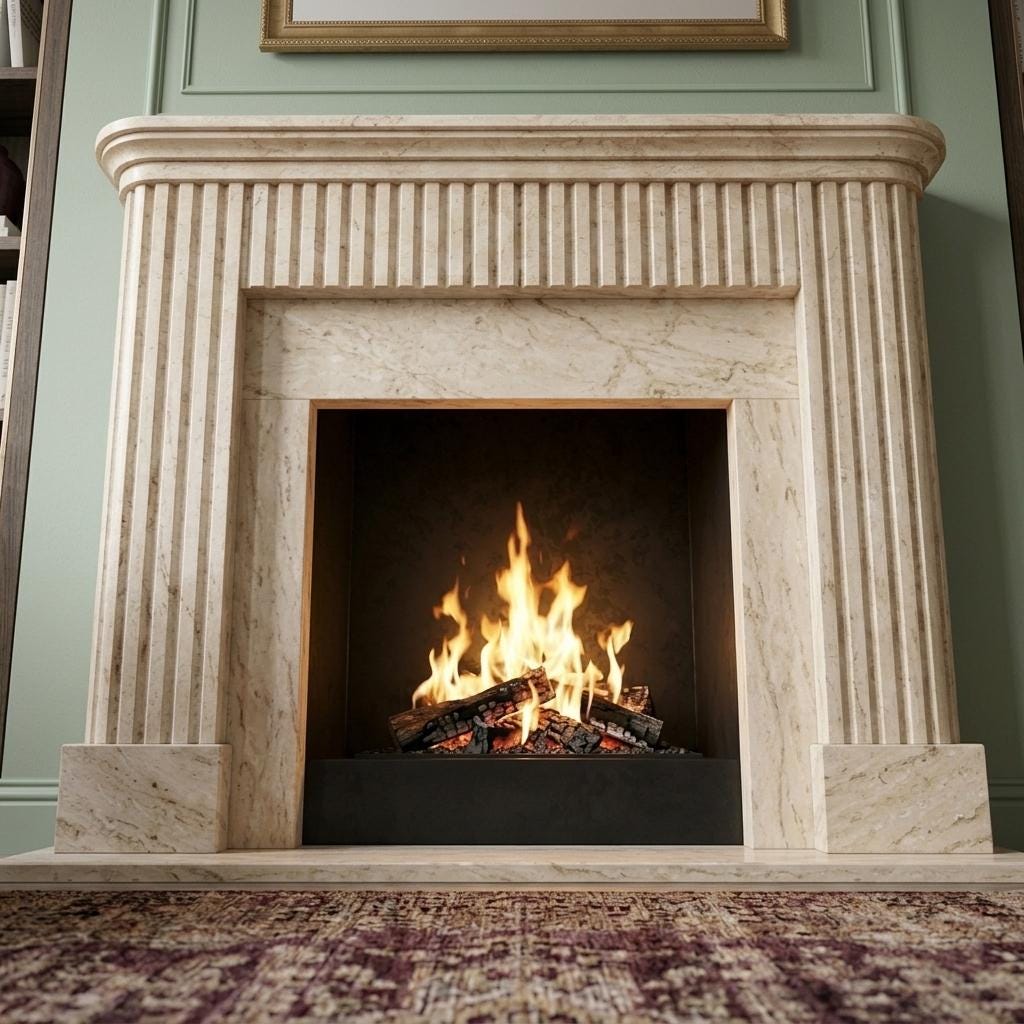 Living Room Fireplace Surround Beige Travertine Marble Mantel Fluted Hand Carved Custom St — Low angle front view