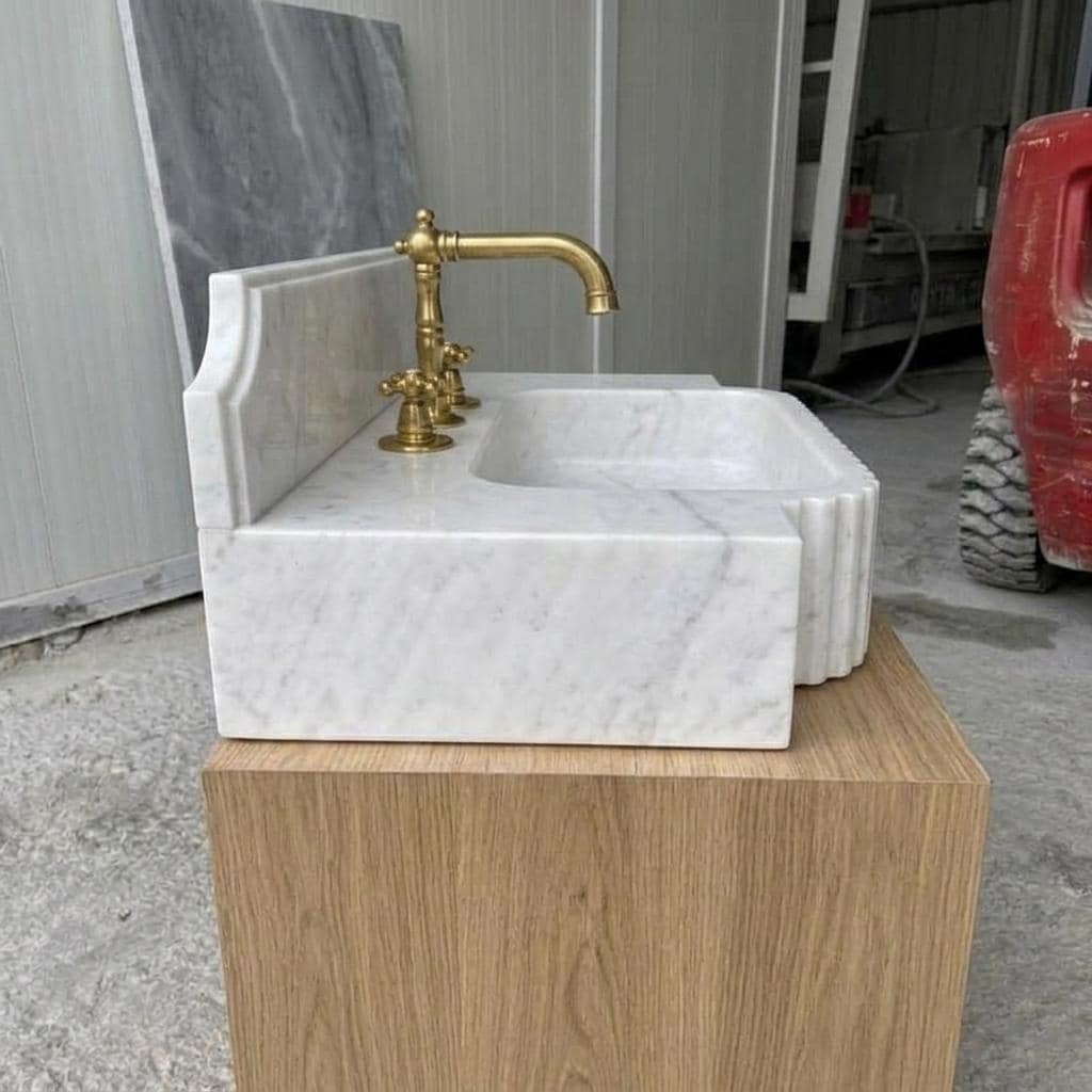 Fluted Marble Sink With Backsplash, Carrara White, Counter Top Basin, Made to Order — Left side view